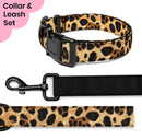 Leopard print dog collar and leash set.