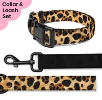 Leopard print dog collar and leash set.