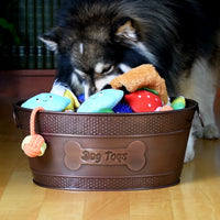 Dog Toy Bin Indestructible Metal – “Dog Toys” Bone Copper Oval Medium Storage Basket | BREKX
