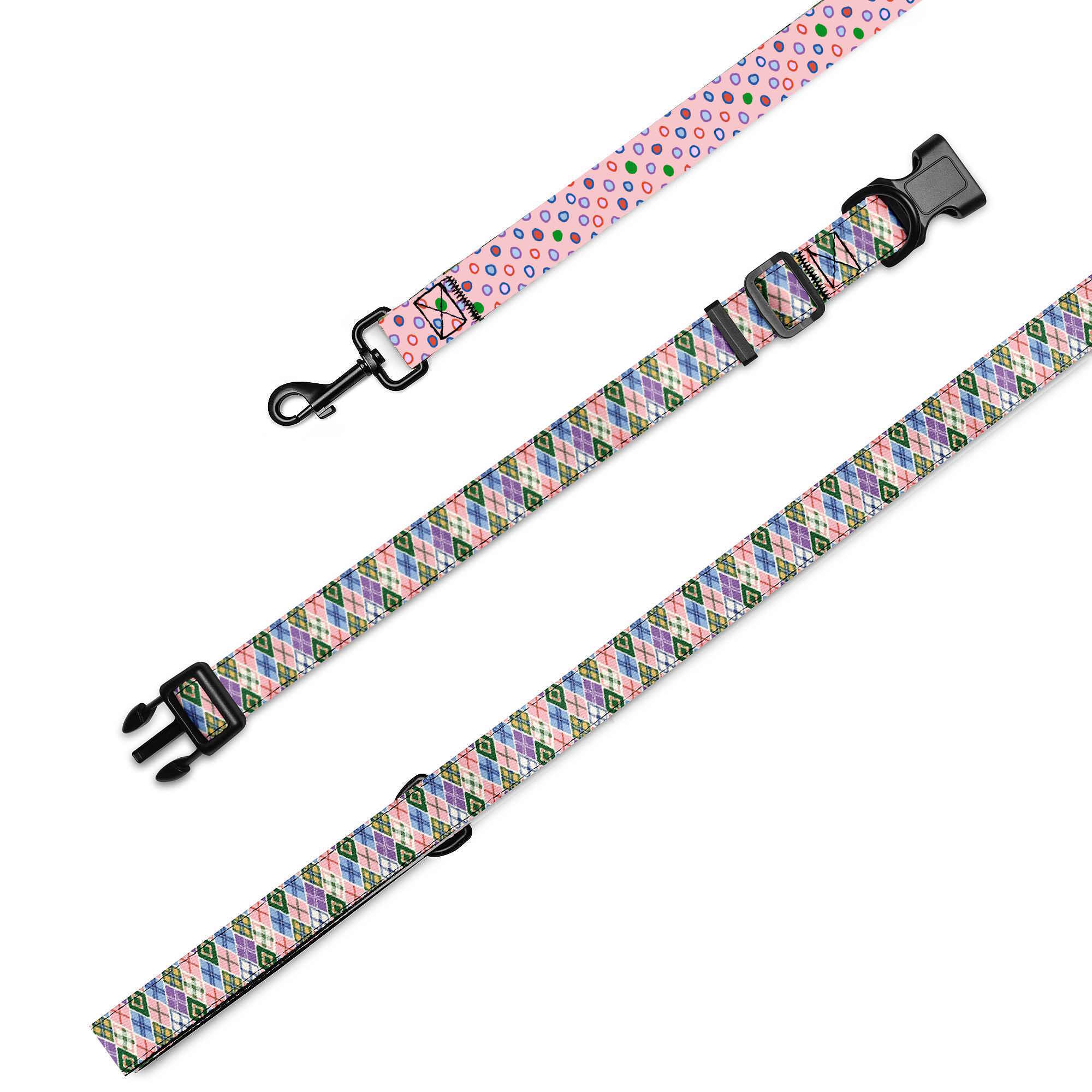 Argyle and Polka Dot Dog Collar & Leash