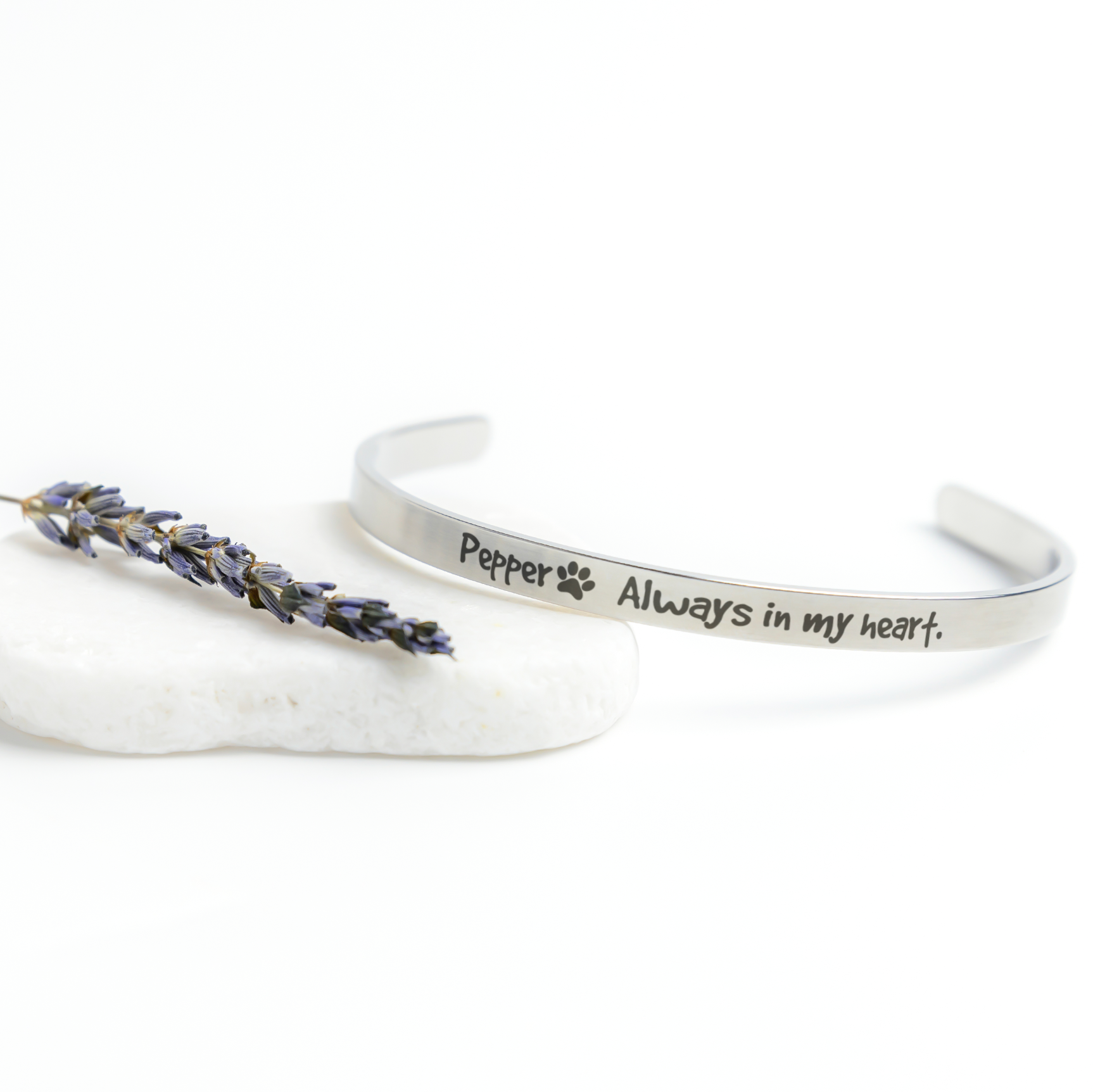 personalized Pet Memorial cuff Bracelet silver custom name Always in my heart text with paw print