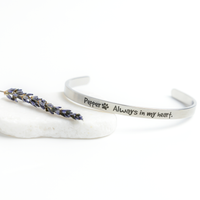 personalized Pet Memorial cuff Bracelet silver custom name Always in my heart text with paw print