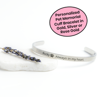 personalized Pet Memorial cuff Bracelet silver custom name Always in my heart text with paw print
