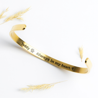 personalized Pet Memorial cuff Bracelet gold custom name Always in my heart text with paw print