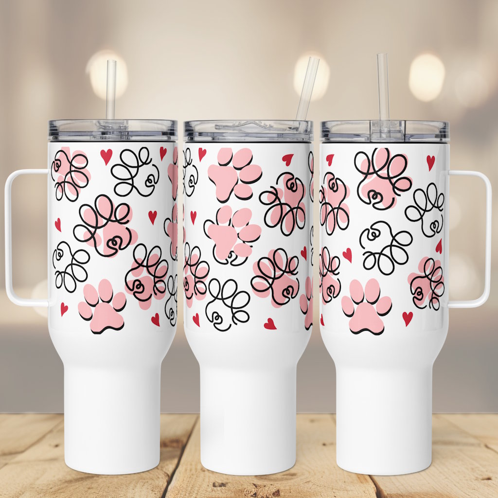 Pink Paws & Red Hearts Travel Mug