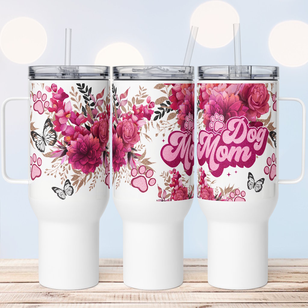 Dog Mama Red Roses & Butterflies Travel Mug