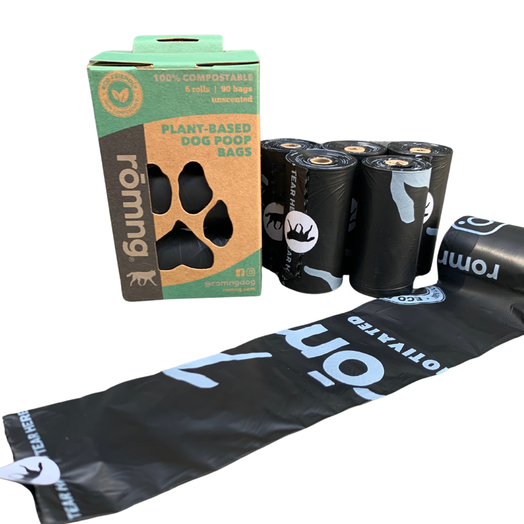 compostable plant-based dog poop bags by rōmng
