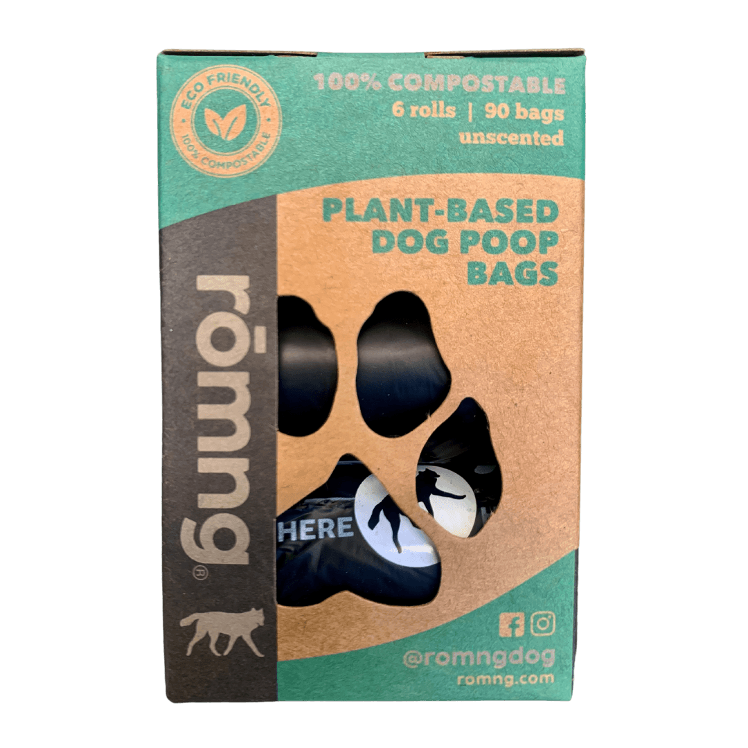 compostable plant-based dog poop bags + bamboo dispenser by rōmng