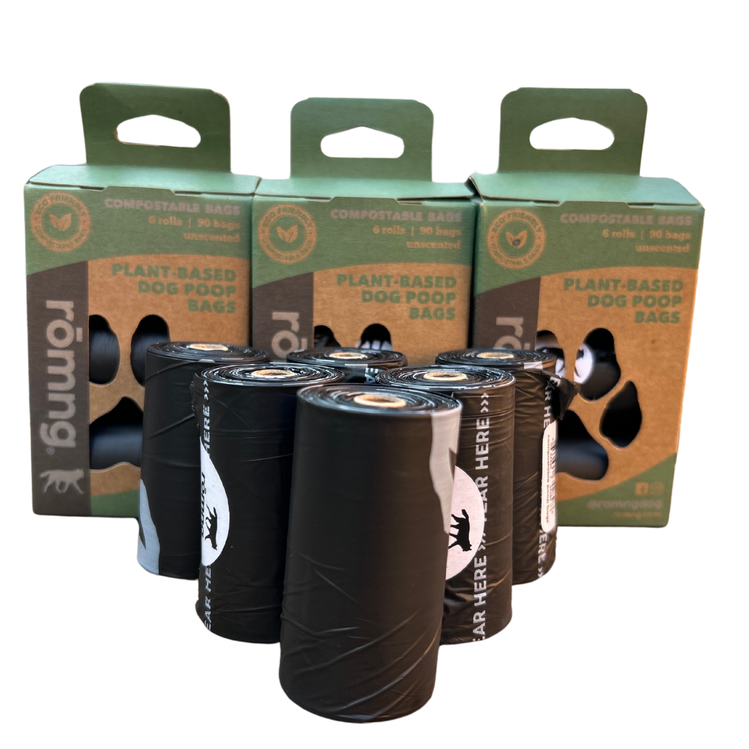 compostable plant-based dog poop bags by rōmng