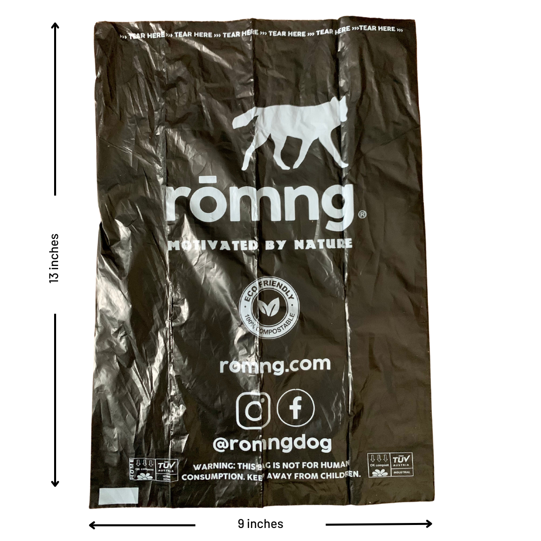 compostable plant-based dog poop bags by rōmng