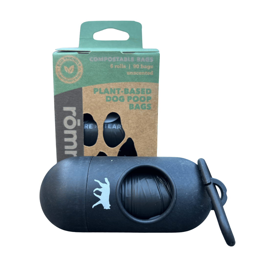 compostable plant-based dog poop bags + bamboo dispenser by rōmng