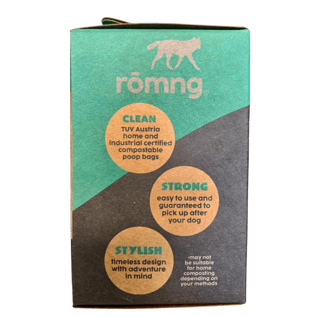 compostable plant-based dog poop bags + bamboo dispenser by rōmng