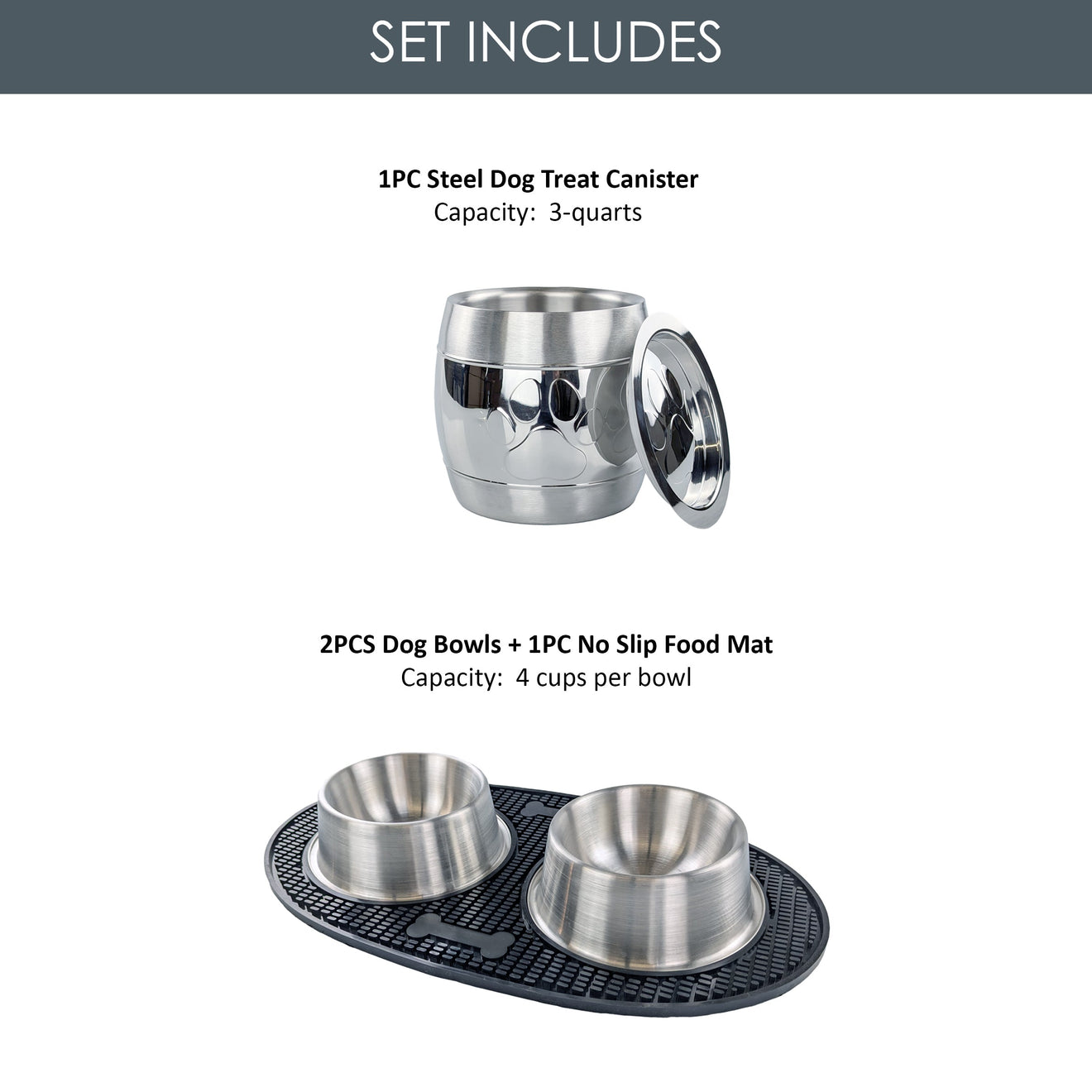 Stainless Steel Pet Bowls, Mat & Treat Canister Set | BREKX