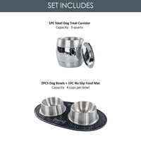 Stainless Steel Pet Bowls, Mat & Treat Canister Set | BREKX