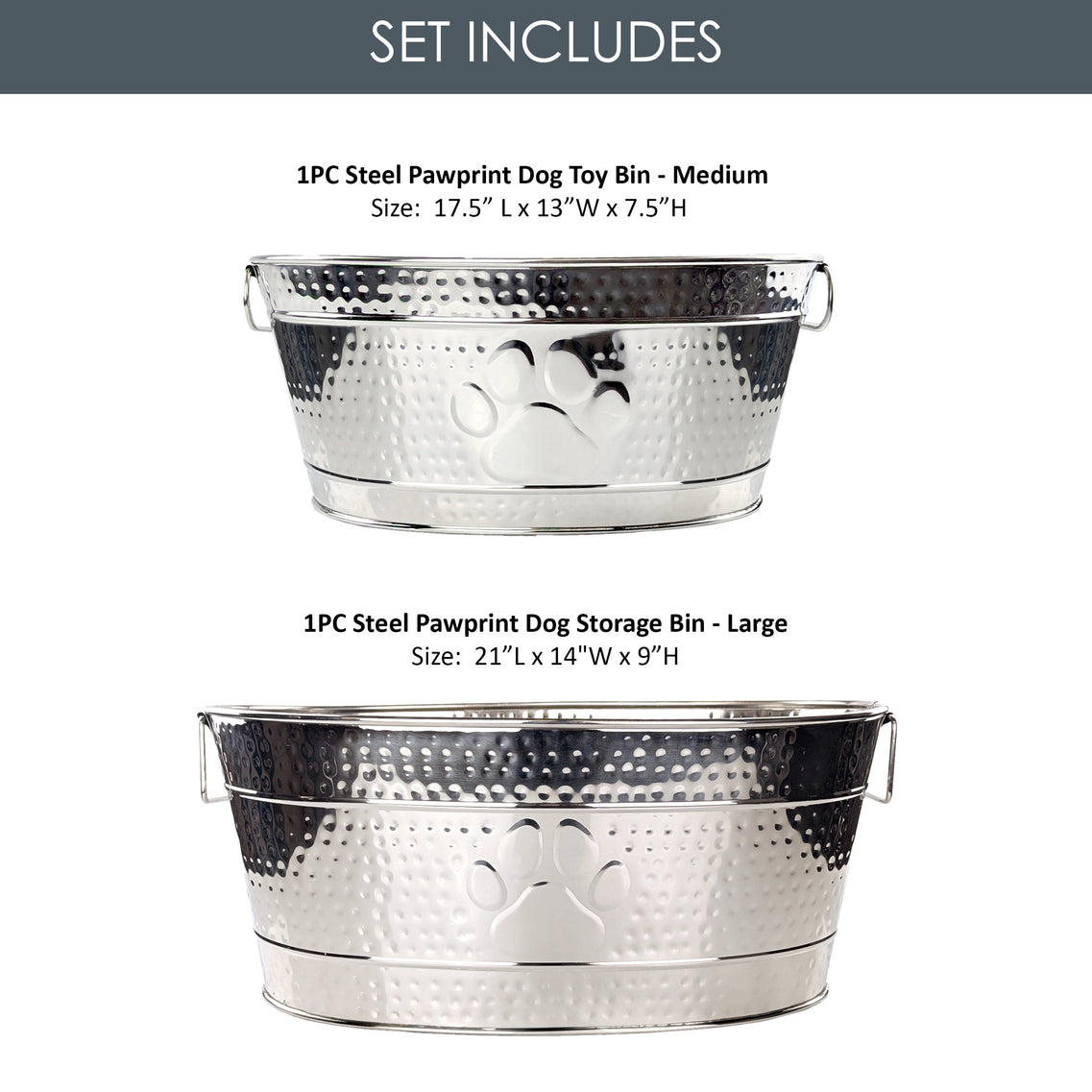 Pawprint Luxe Duo Stainless Steel Dog Toy Storage Bin Set of 2 (Large & Medium) | BREKX