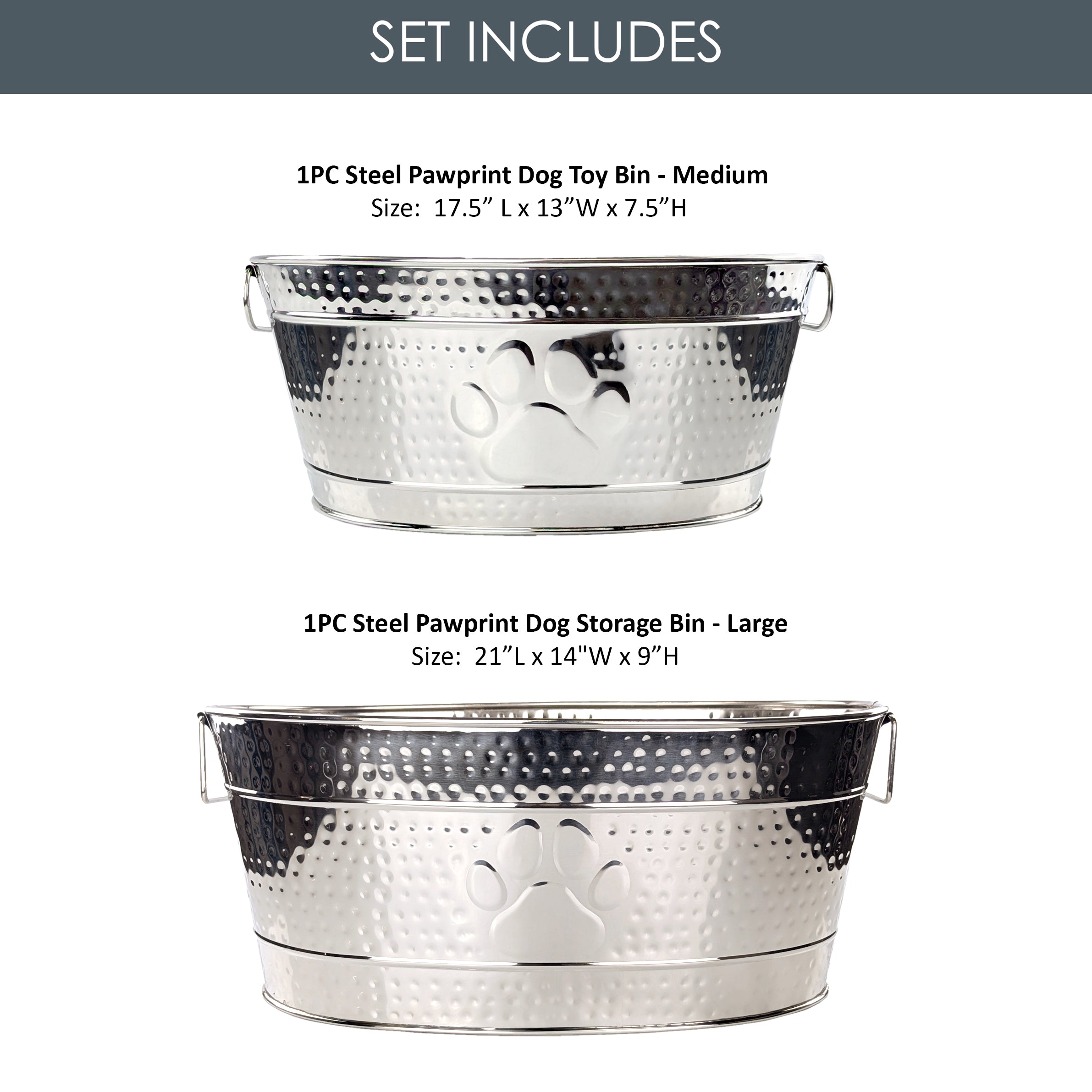 Pawprint Luxe Duo Stainless Steel Dog Toy Storage Bin Set of 2 (Large & Medium) | BREKX