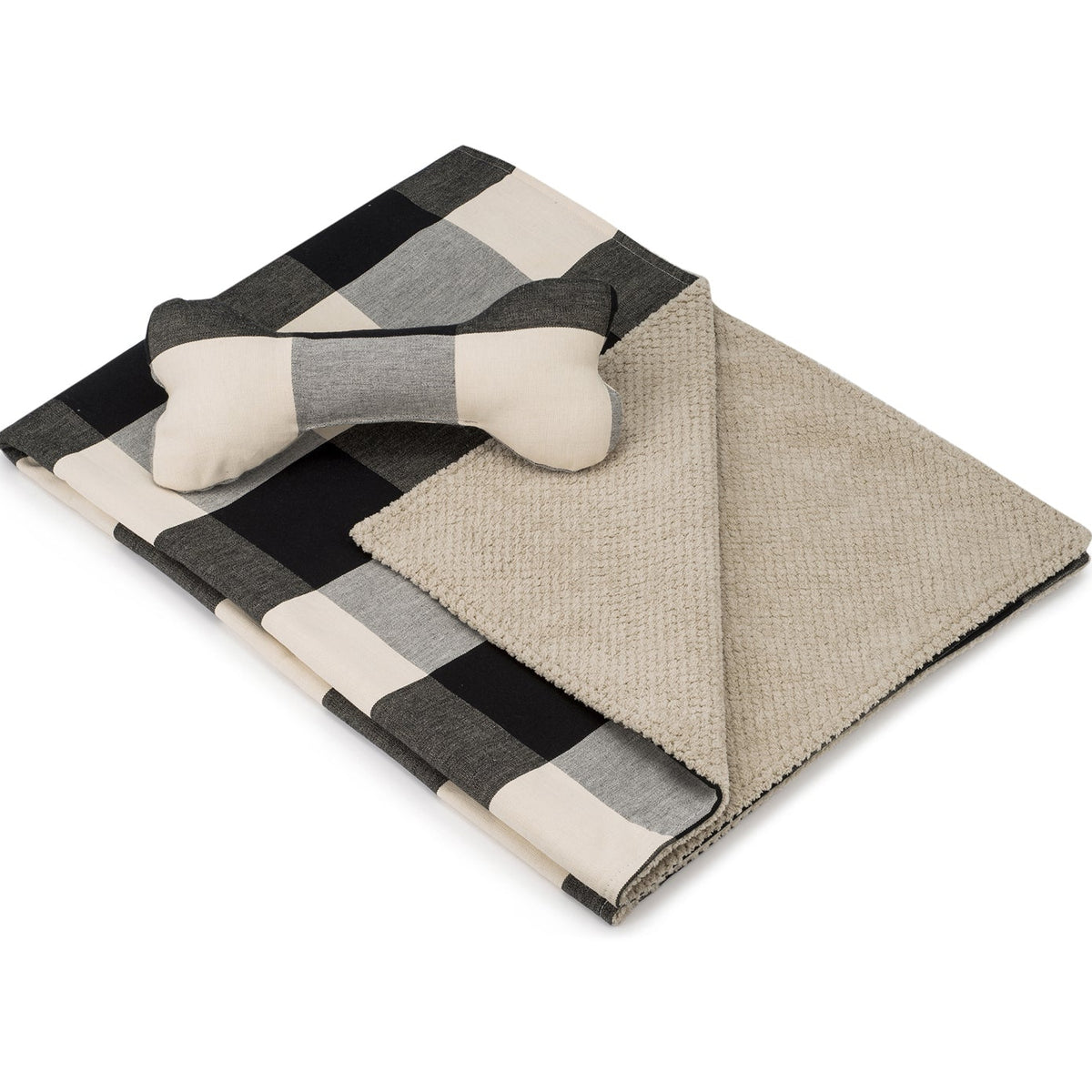Sherpa & Cotton Dog Blanket and Squeakly Bone Toy Set: Black Buffalo Plaid