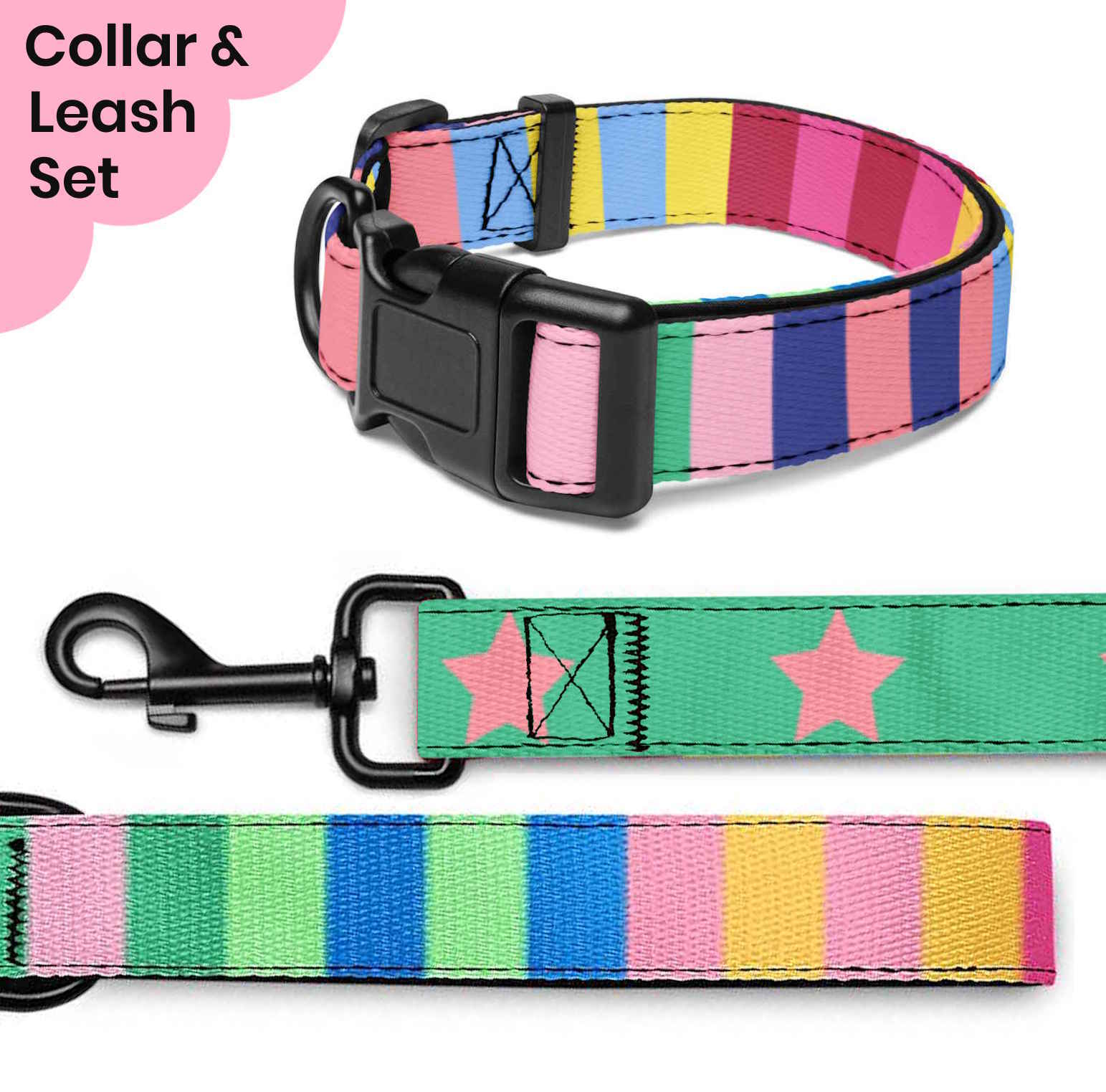 Rainbow Stripes and Stars Dog Collar & Leash