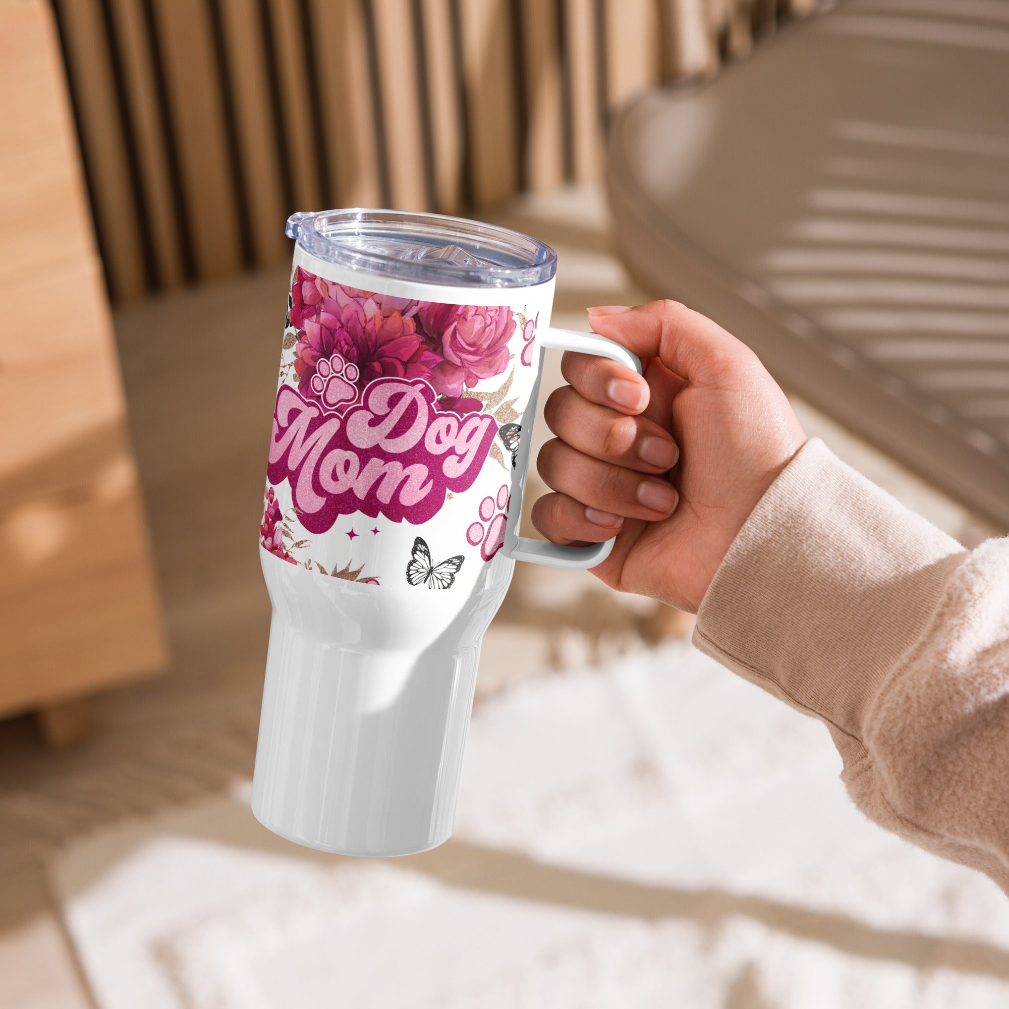 Dog Mama Red Roses & Butterflies Travel Mug
