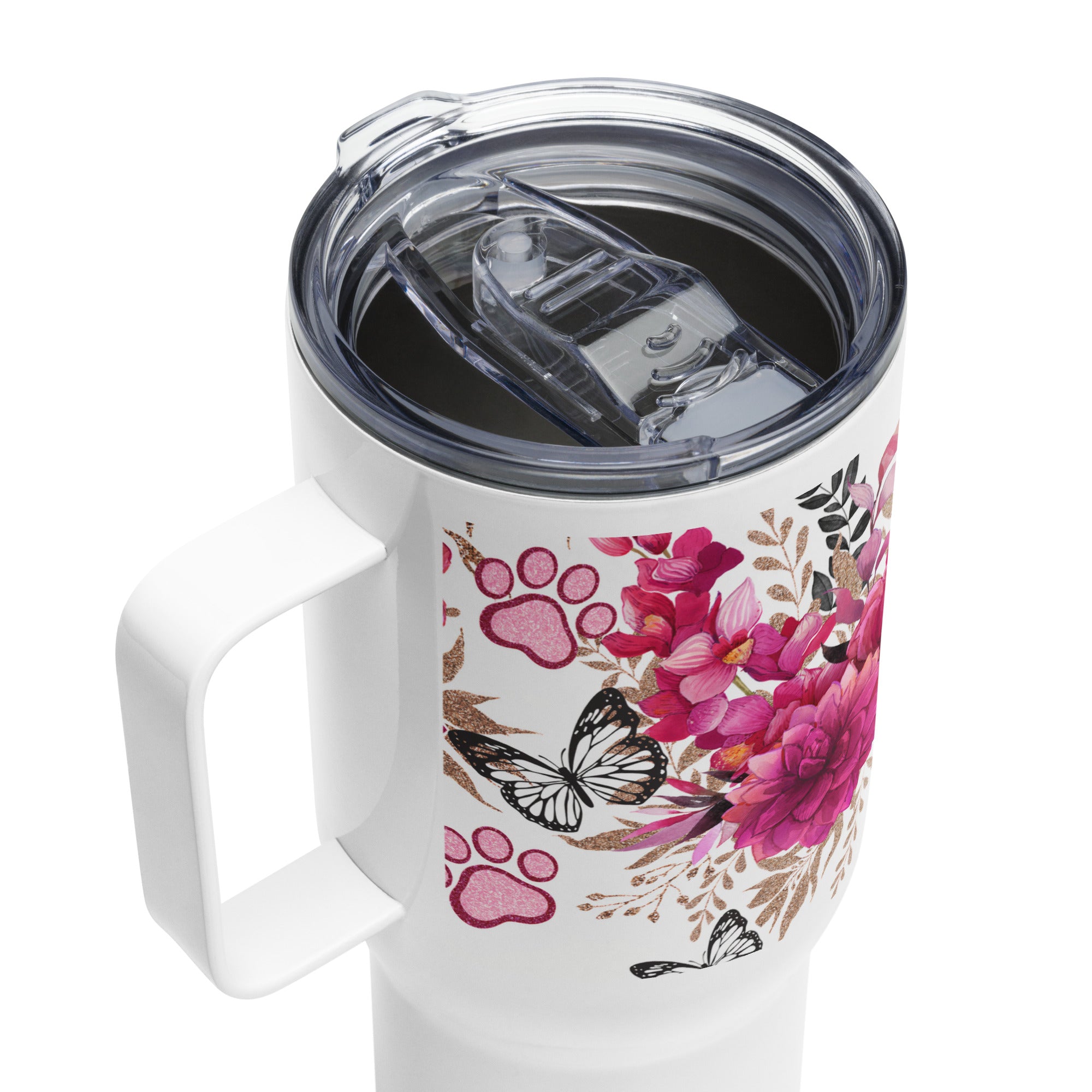 Dog Mama Red Roses & Butterflies Travel Mug