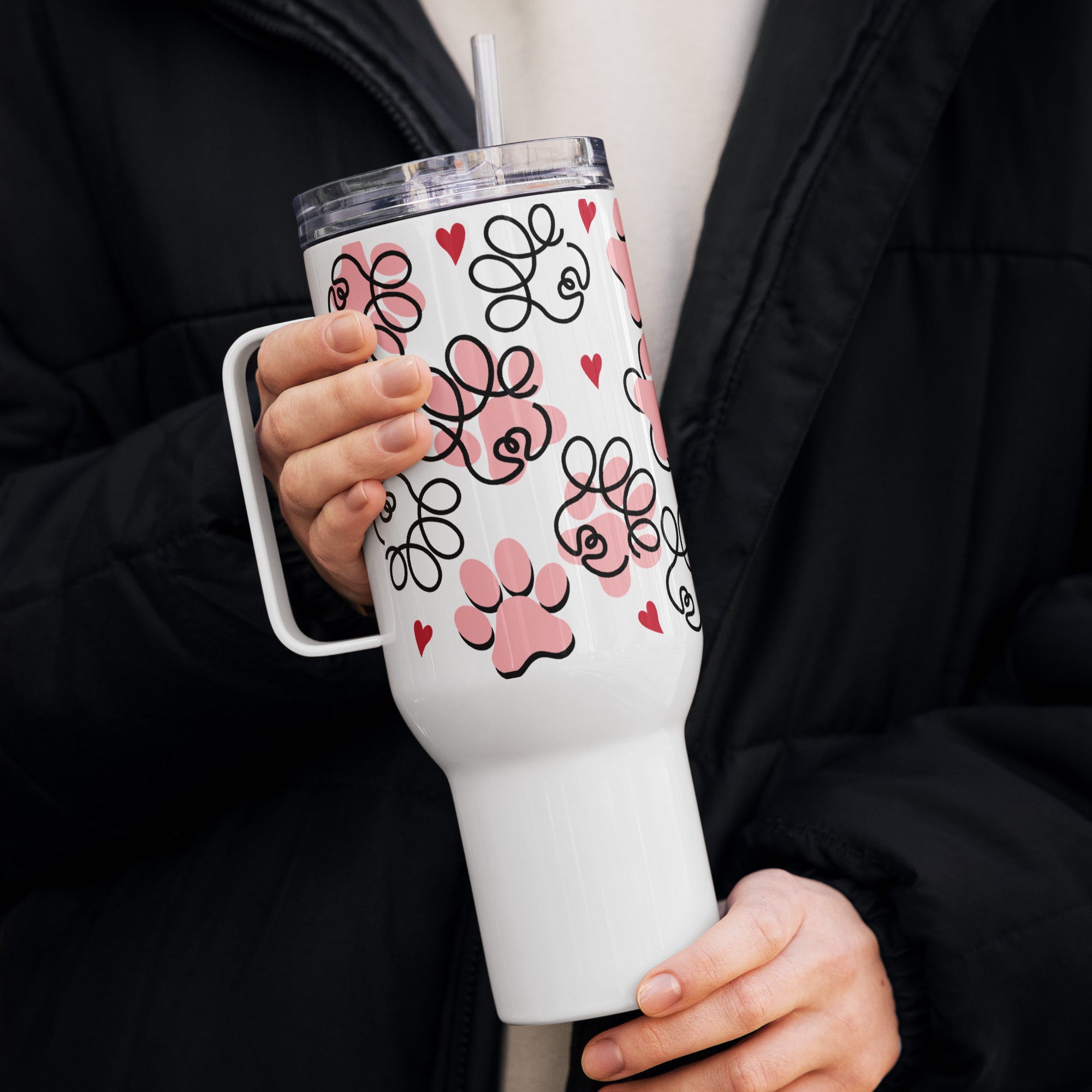 Pink Paws & Red Hearts Travel Mug