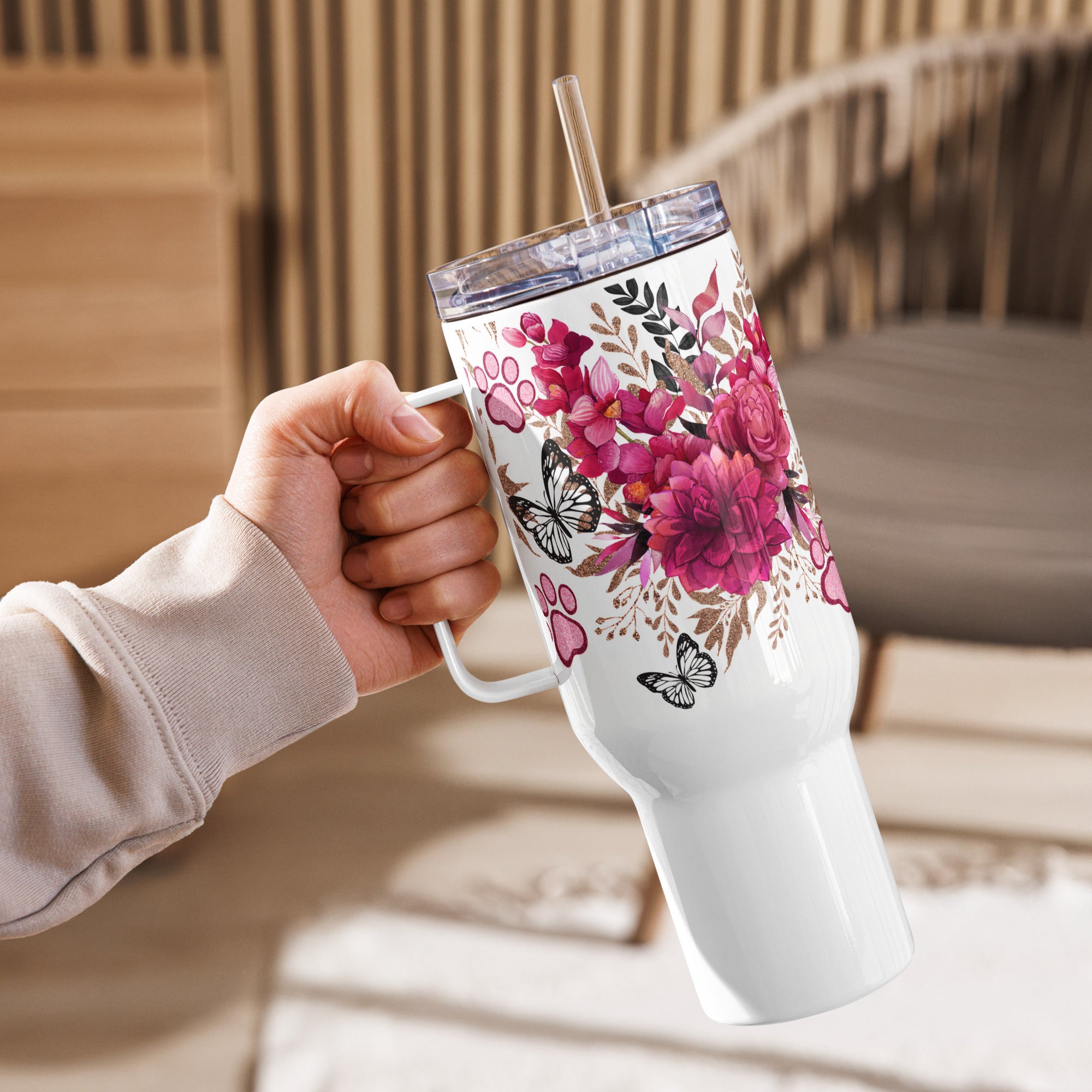 Dog Mama Red Roses & Butterflies Travel Mug