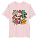 unisex organic cotton pink t-shirt with a Christian saying "simply blessed" on a floral, botanical, leopard print heart, and religious cross background