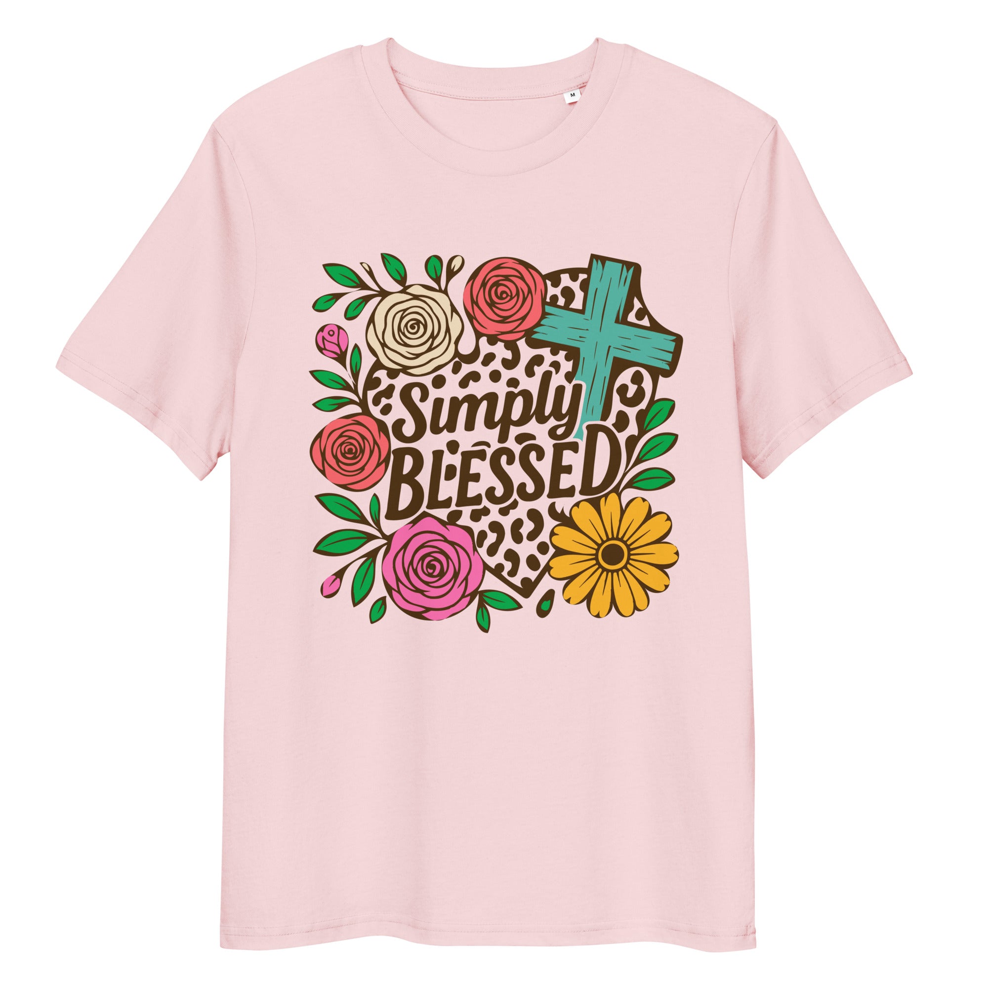 unisex organic cotton pink t-shirt with a Christian saying "simply blessed" on a floral, botanical, leopard print heart, and religious cross background