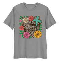 unisex organic cotton gray t-shirt with a Christian saying "simply blessed" on a floral, botanical, leopard print heart, and religious cross background