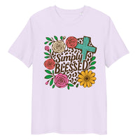 unisex organic cotton lavender t-shirt with a Christian saying "simply blessed" on a floral, botanical, leopard print heart, and religious cross background