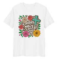 unisex organic cotton white t-shirt with a Christian saying "simply blessed" on a floral, botanical, leopard print heart, and religious cross background
