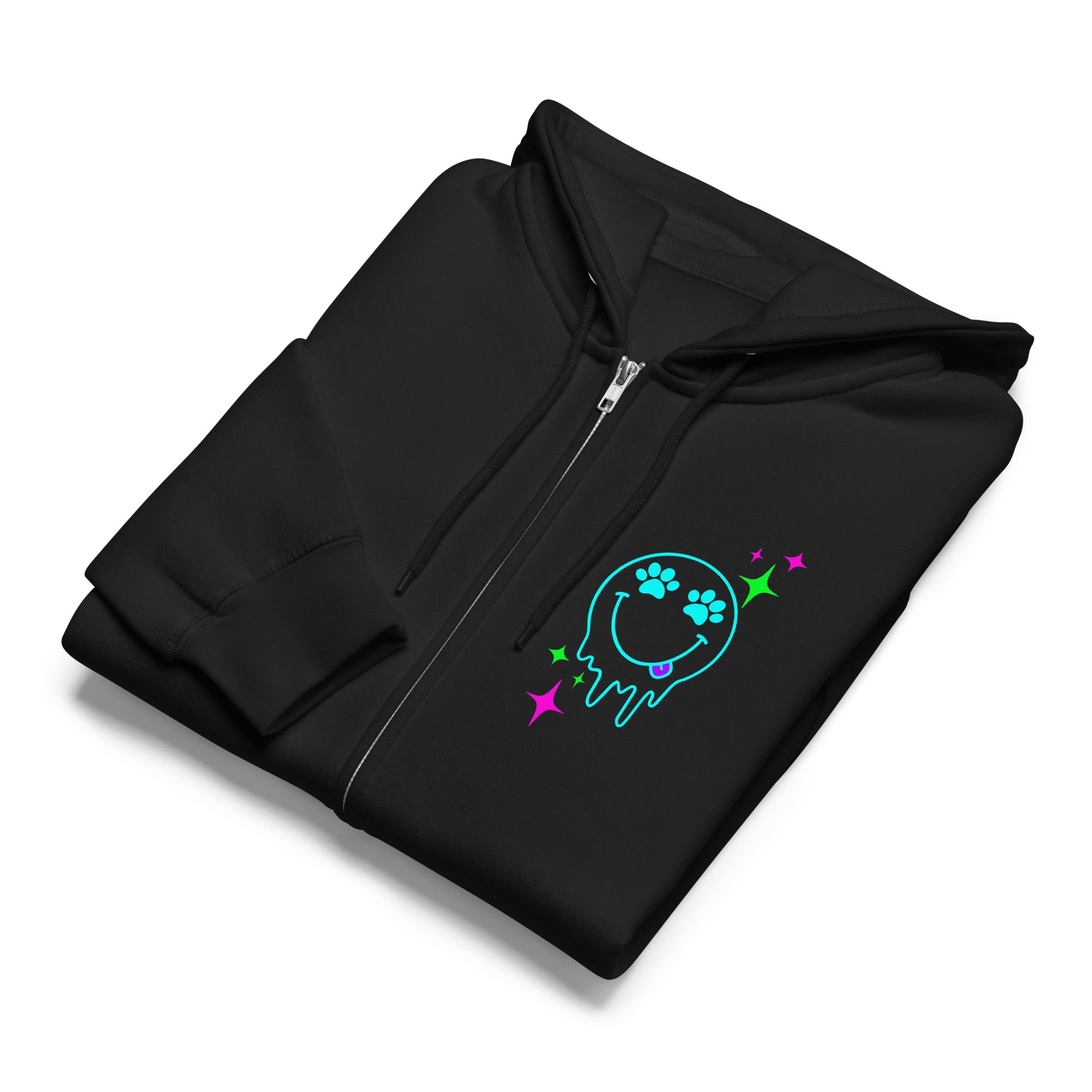 Melting smiley face paw prints black zip up hoodie sweatshirt for women men cotton recycled polyester