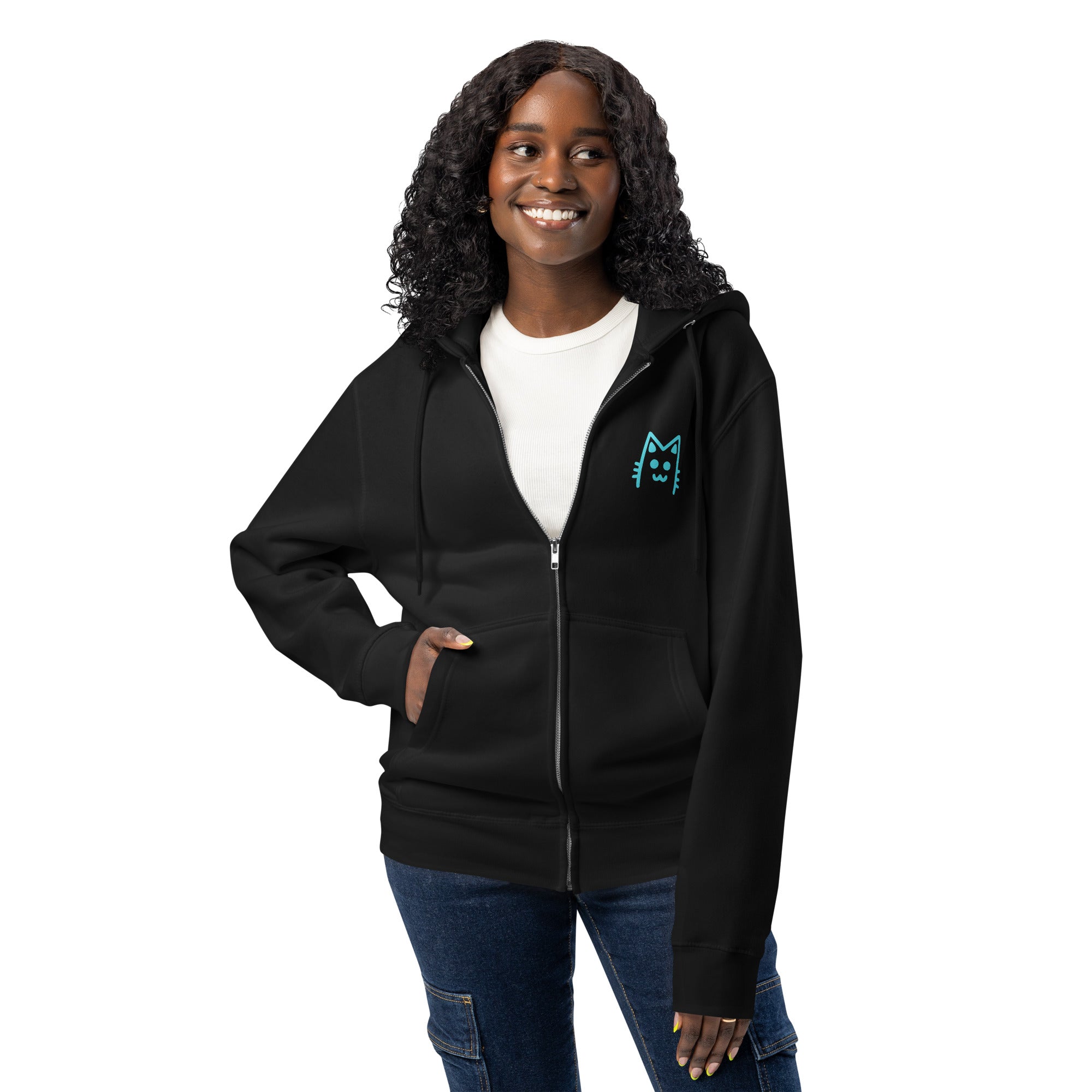 Live love meow cat black zip up hoodie sweatshirt for women men cotton recycled polyester