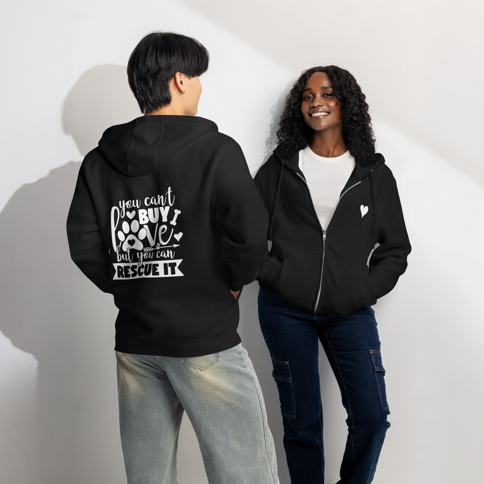 You can’t buy love but you can rescue it black zip up hoodie sweatshirt for women men cotton recycled polyester