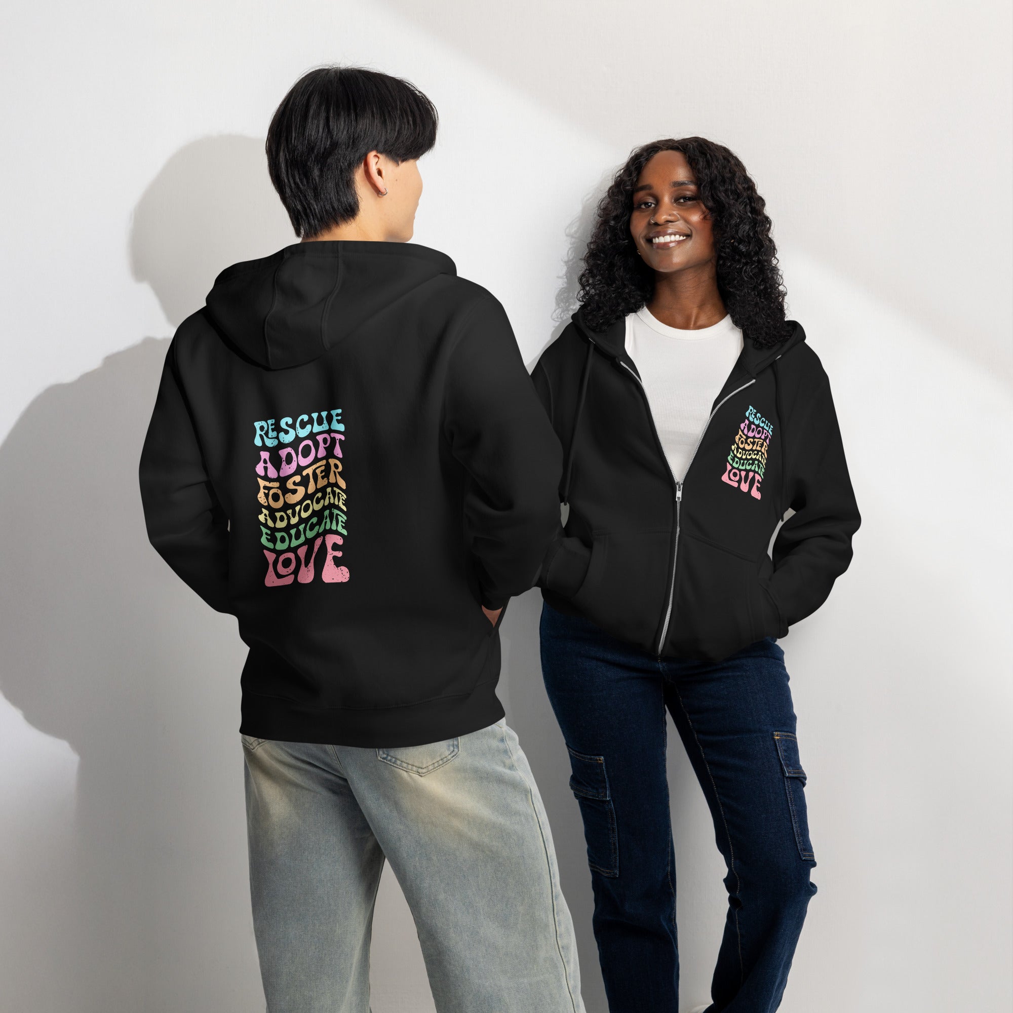 Rescue adopt educate advocate love black zip up hoodie sweatshirt for women men cotton recycled polyester