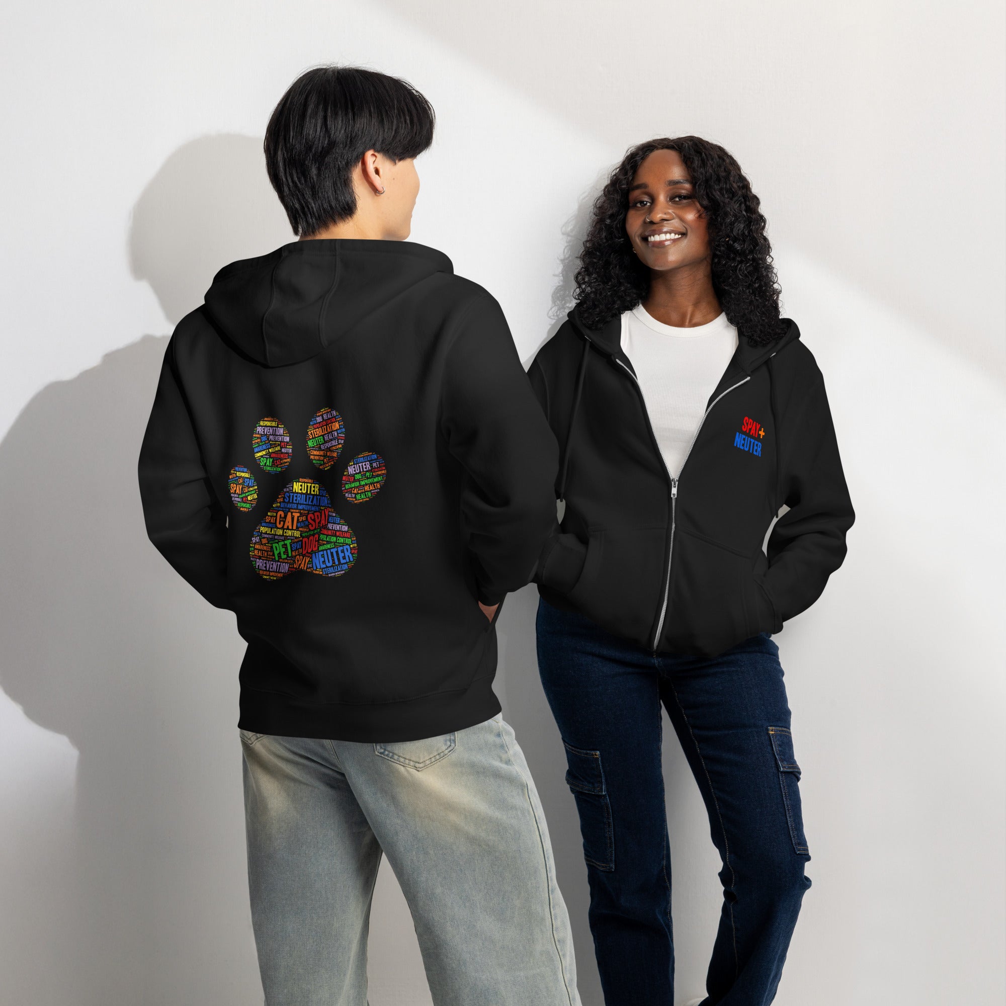 Spay neuter black zip up hoodie sweatshirt for women men cotton recycled polyester