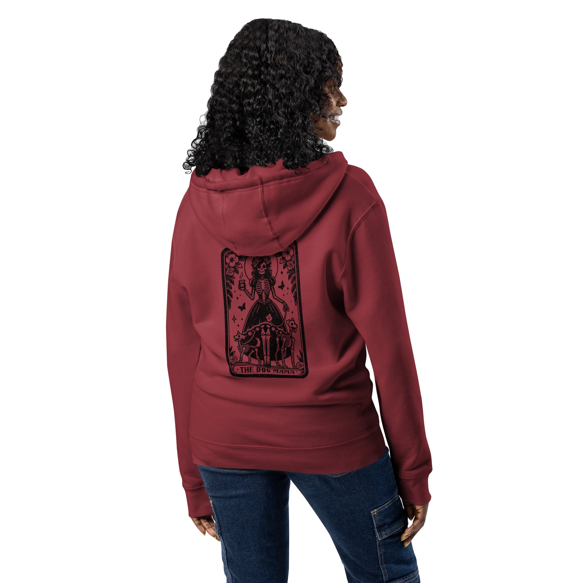 Dog mama tarot card dark red zip up hoodie sweatshirt for women men cotton recycled polyester