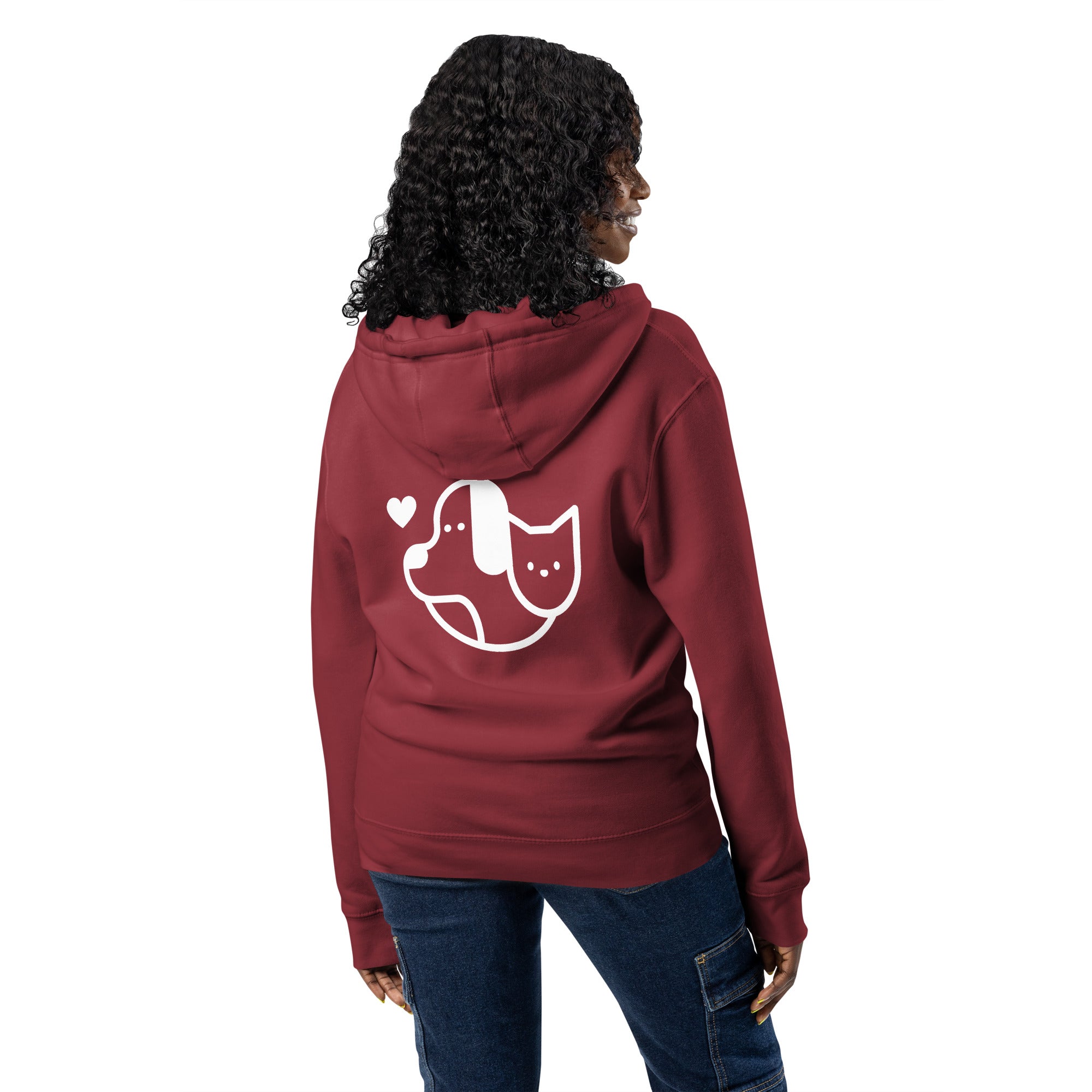 Dog hearts cat burgundy maroon zip up hoodie sweatshirt for women men cotton recycled polyester