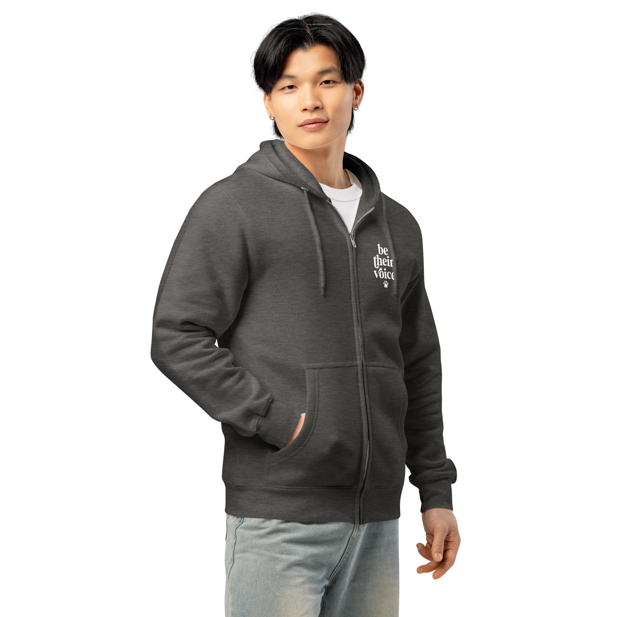 Be their voice animal rescue charcoal gray zip up hoodie sweatshirt for women men cotton recycled polyester