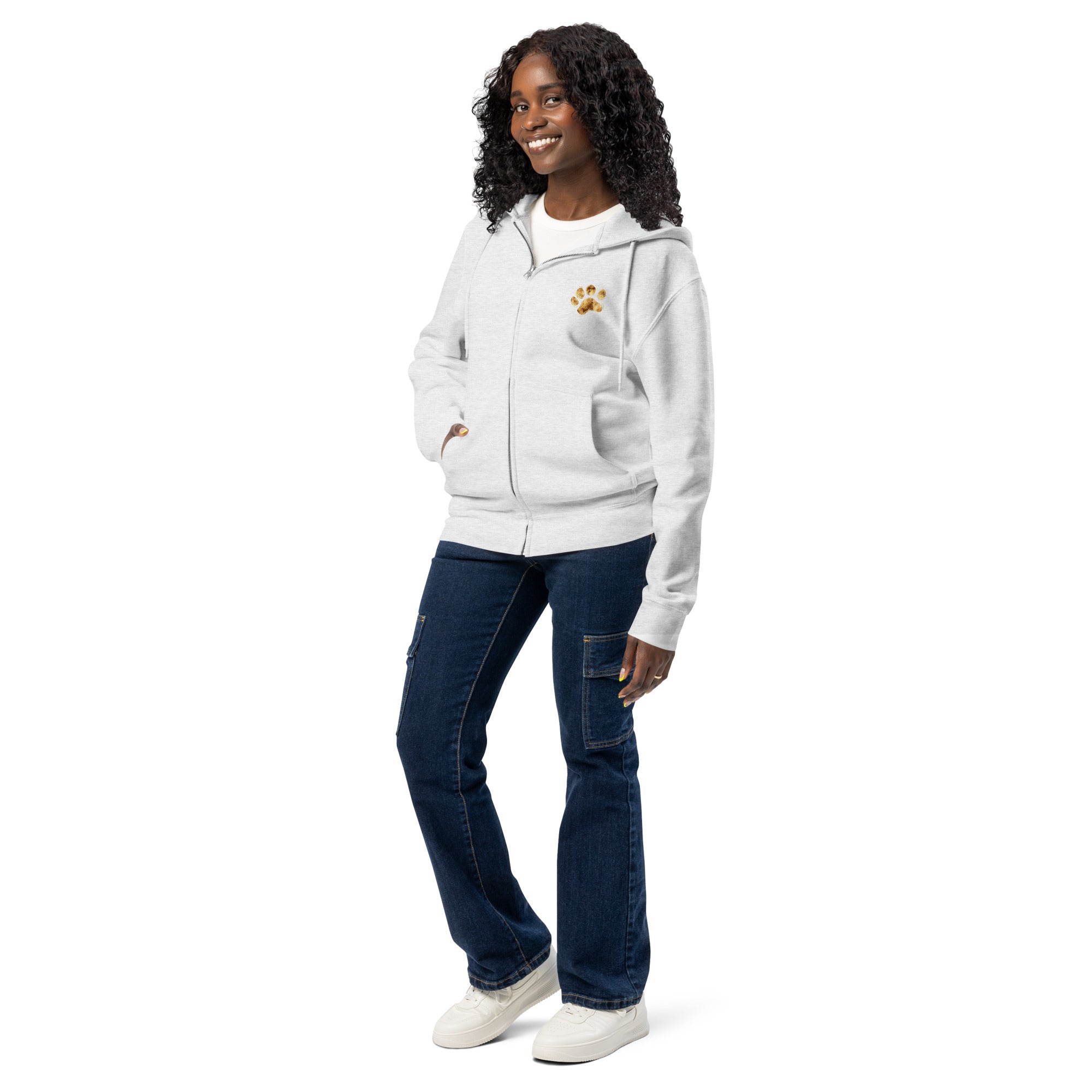 gold paw print light gray zip up hoodie sweatshirt for women men cotton recycled polyester