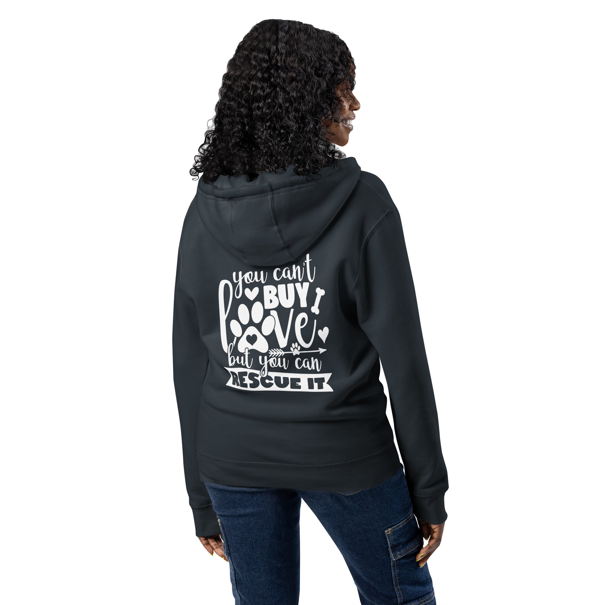 You can’t buy love but you can rescue it navy zip up hoodie sweatshirt for women men cotton recycled polyester