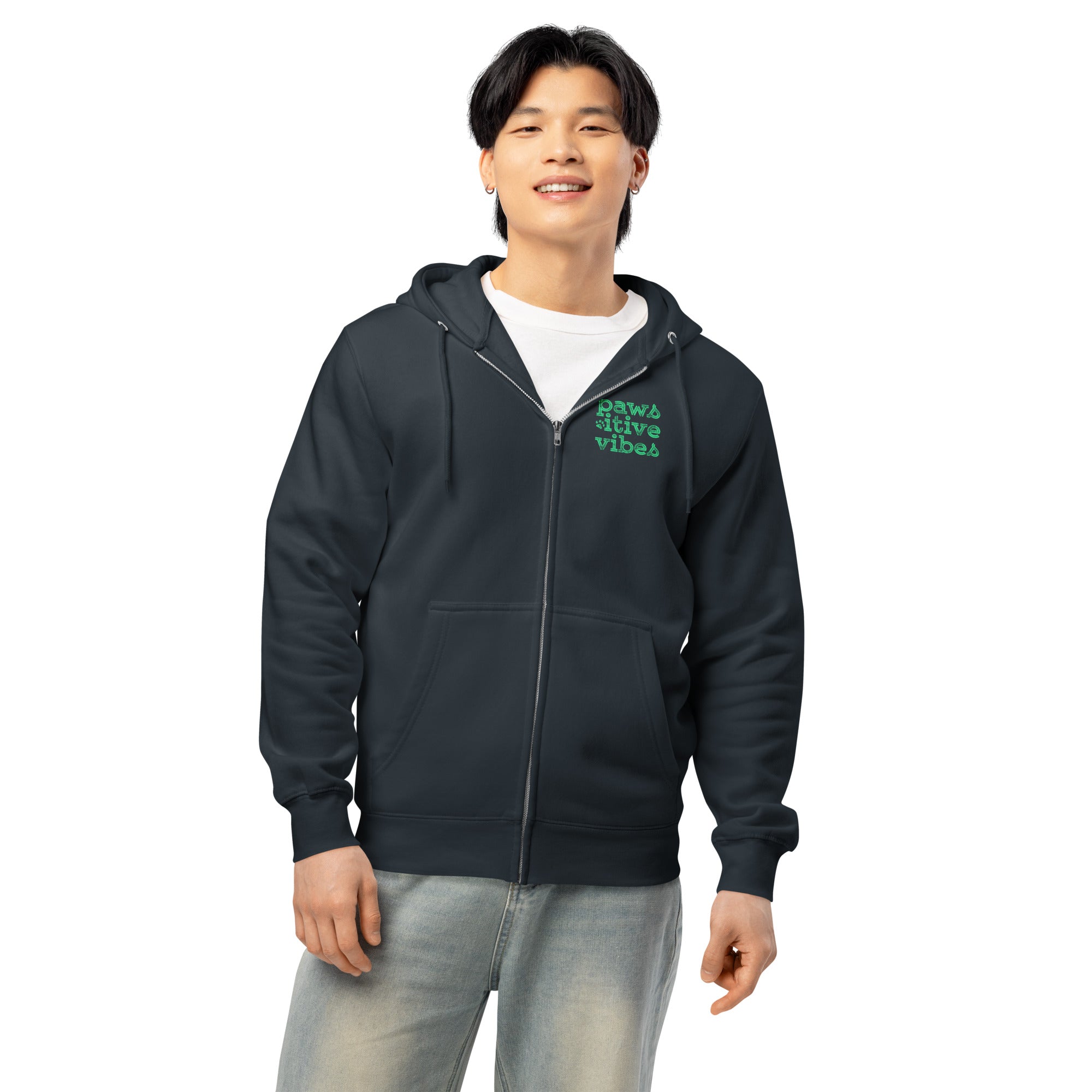 Pawsitive vibes navy zip up hoodie sweatshirt for women men cotton recycled polyester