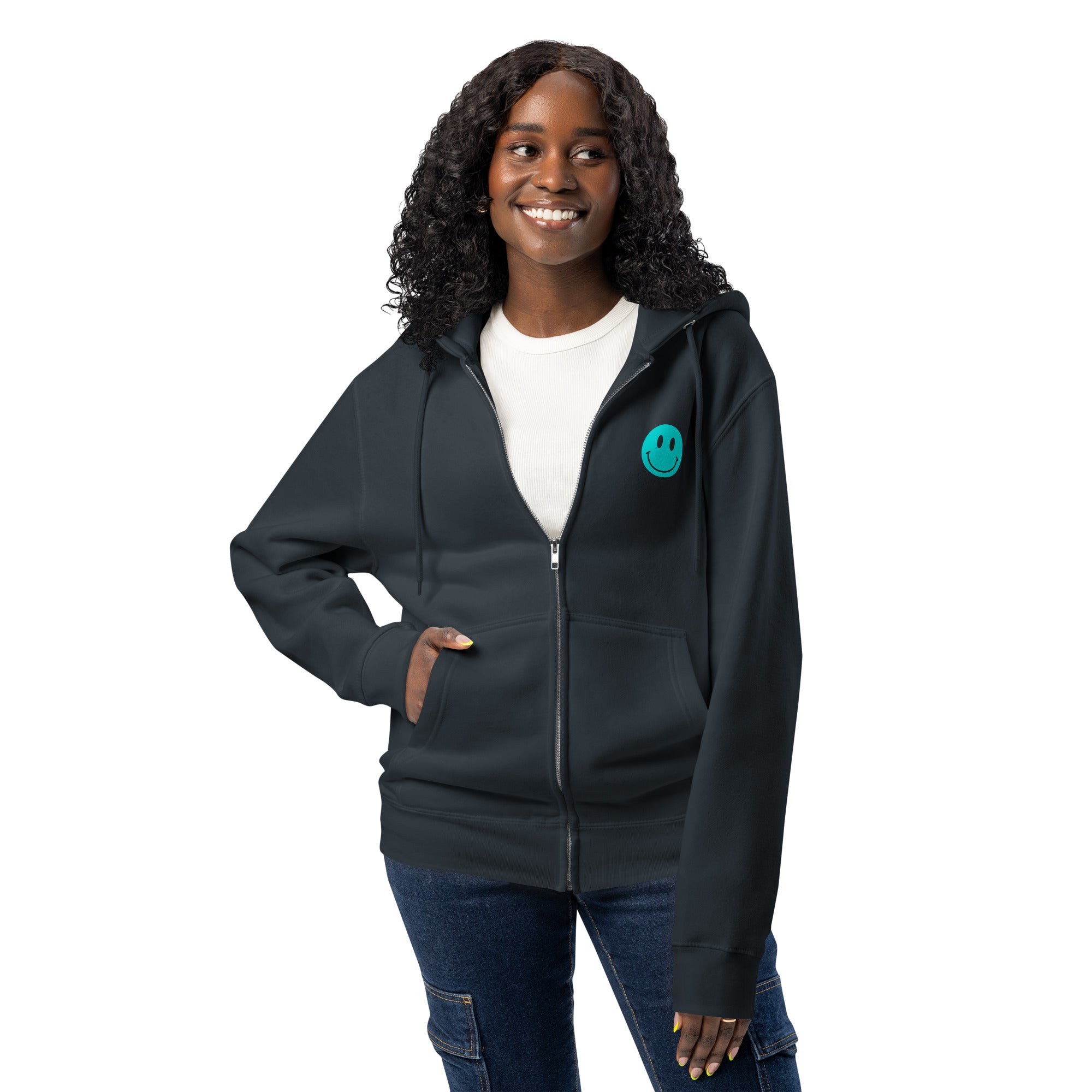 smiley face dogs navy zip up hoodie sweatshirt for women men cotton recycled polyester