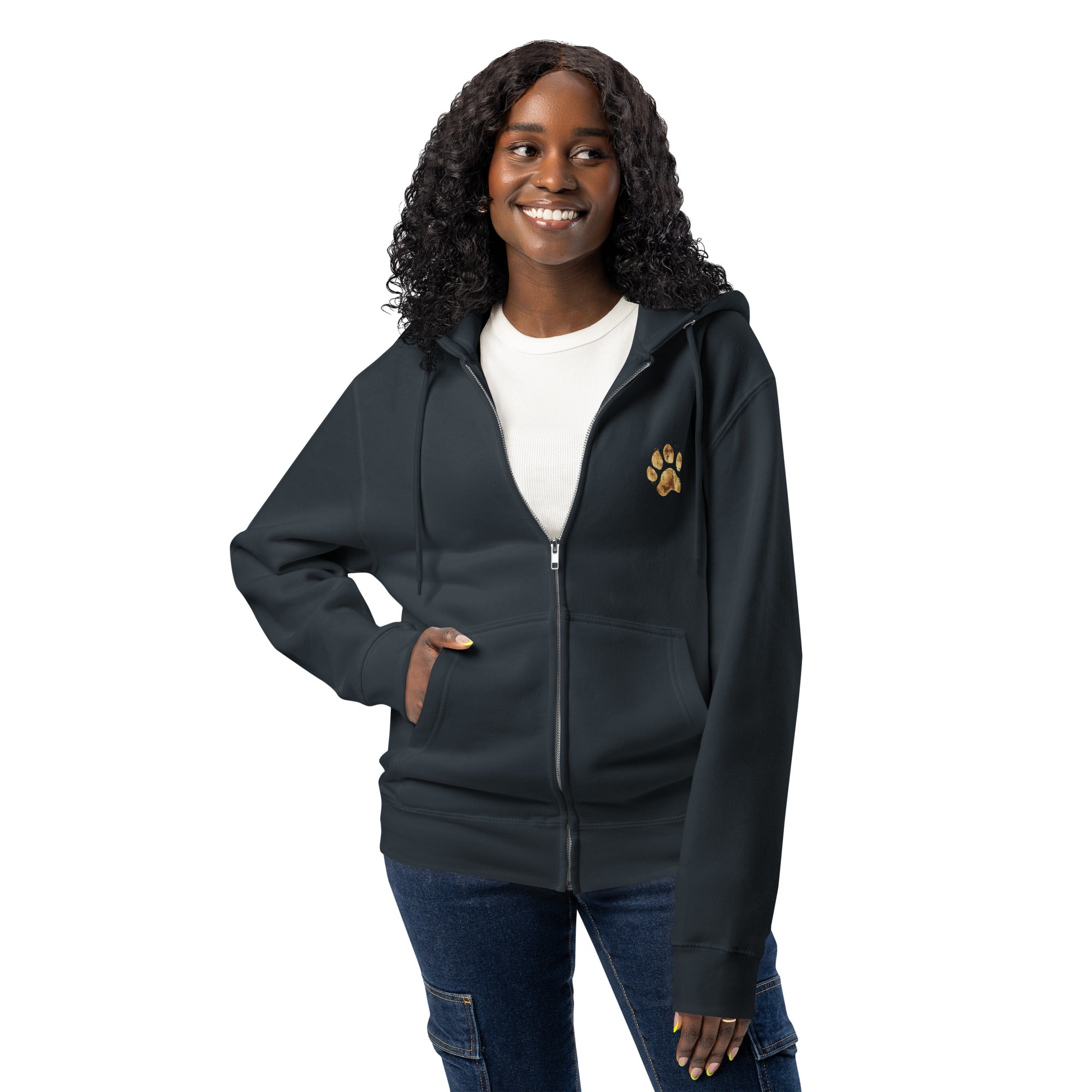 gold paw print navy zip up hoodie sweatshirt for women men cotton recycled polyester
