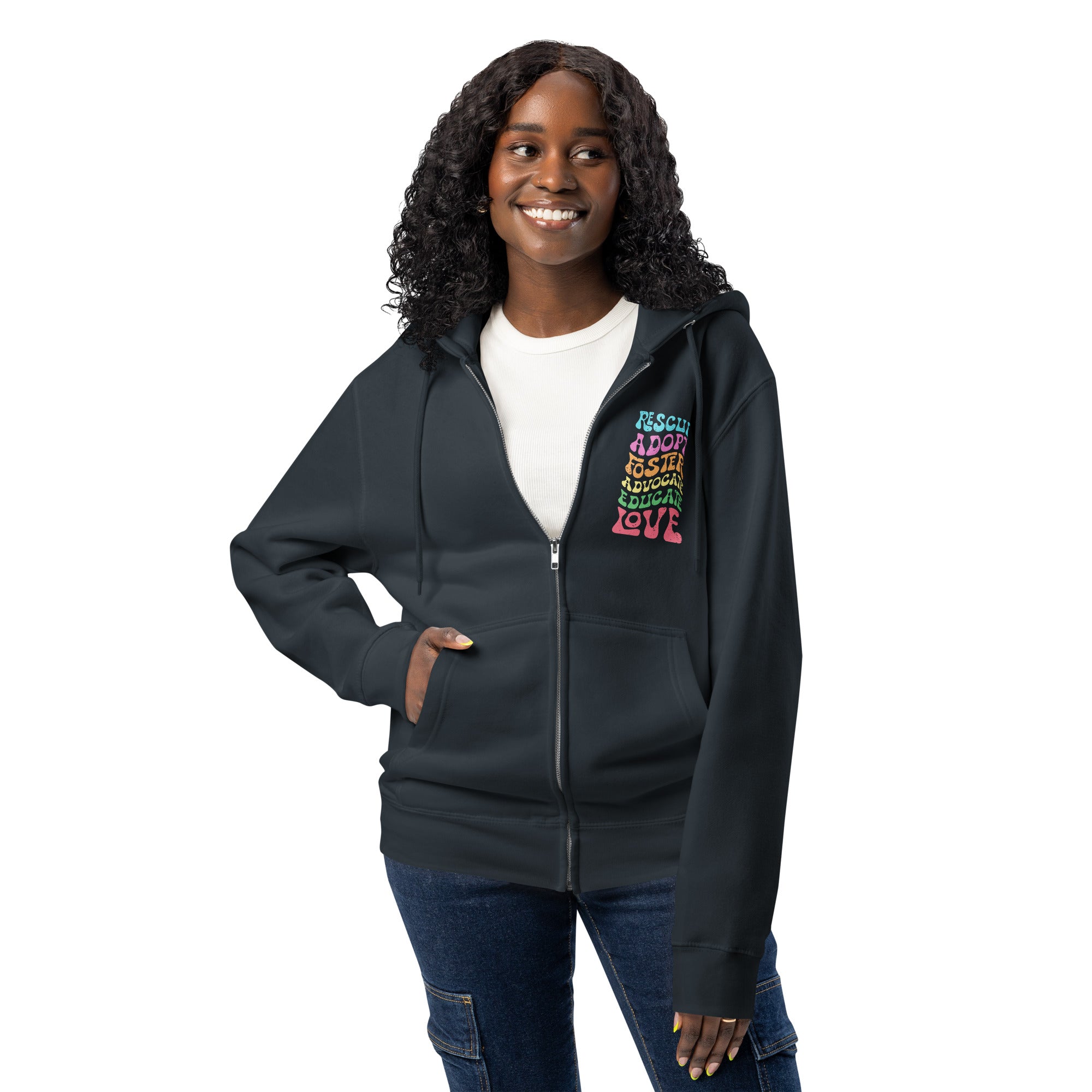 Rescue adopt educate advocate love navy zip up hoodie sweatshirt for women men cotton recycled polyester
