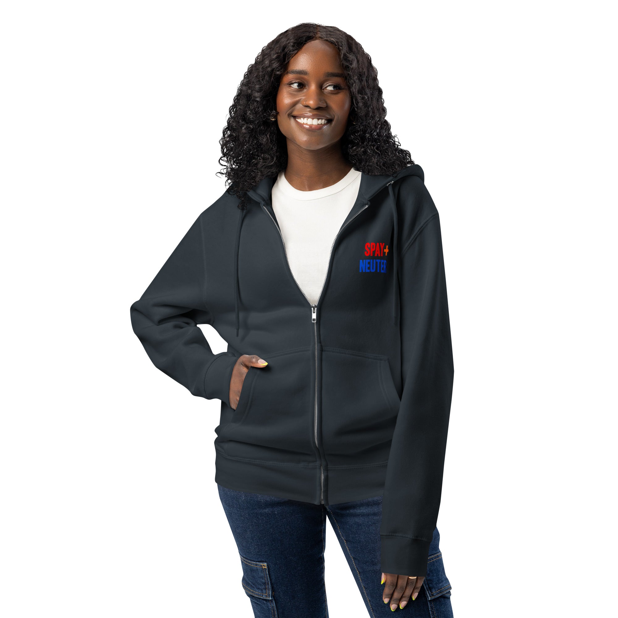 Spay neuter navy zip up hoodie sweatshirt for women men cotton recycled polyester