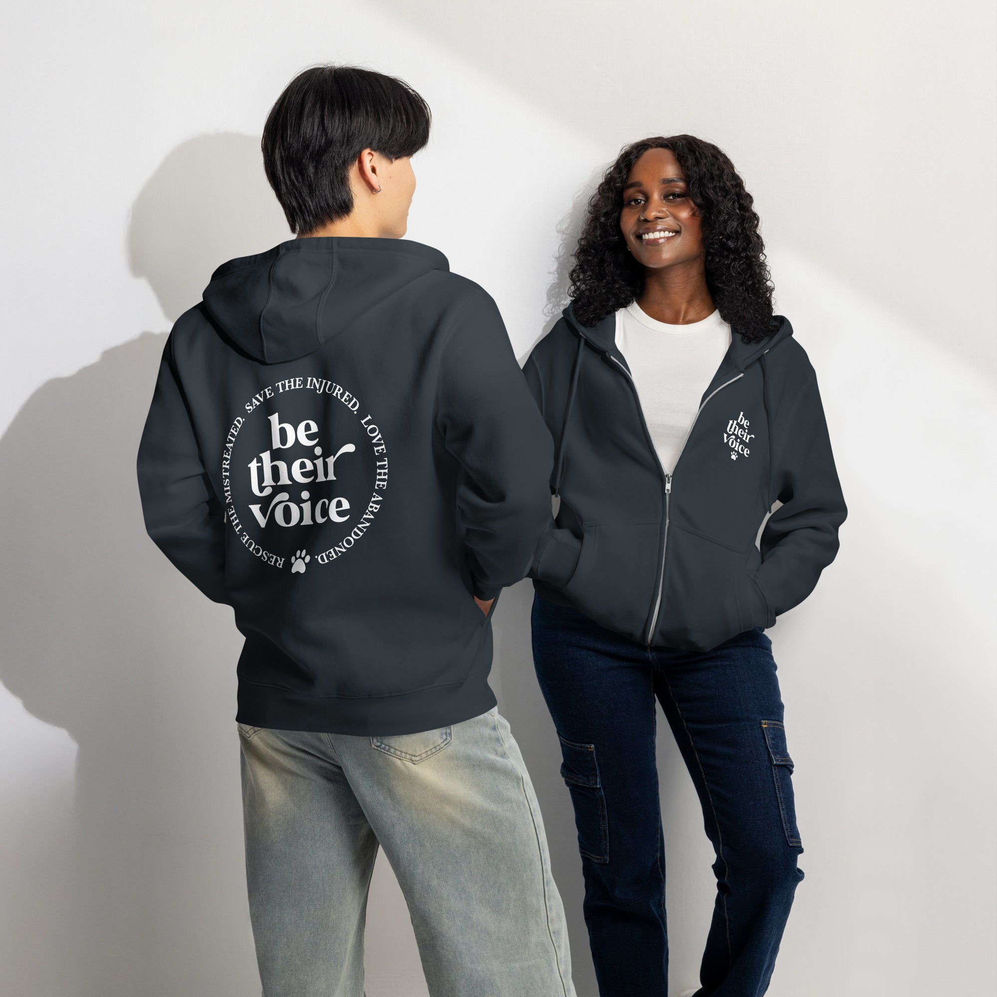 Be their voice animal rescue navy zip up hoodie sweatshirt for women men cotton recycled polyester