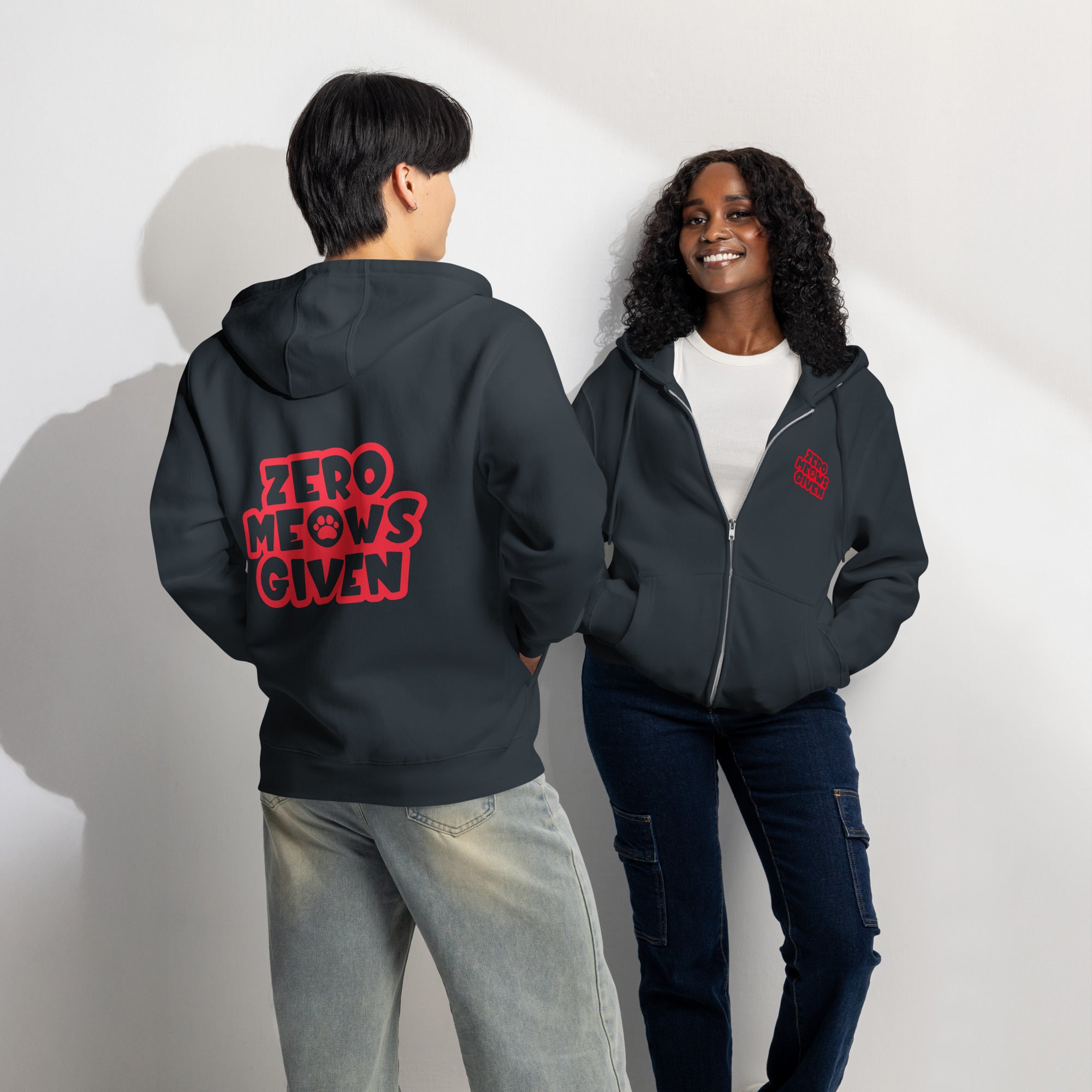 Zero meows given navy zip up hoodie sweatshirt for women men cotton recycled polyester