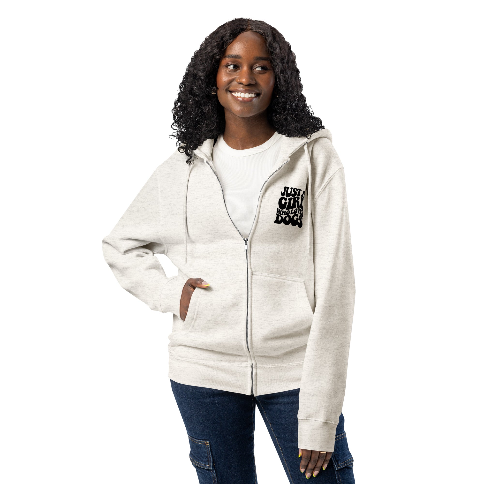 Just a girl who loves dogs light beige zip up hoodie sweatshirt for women men cotton recycled polyester