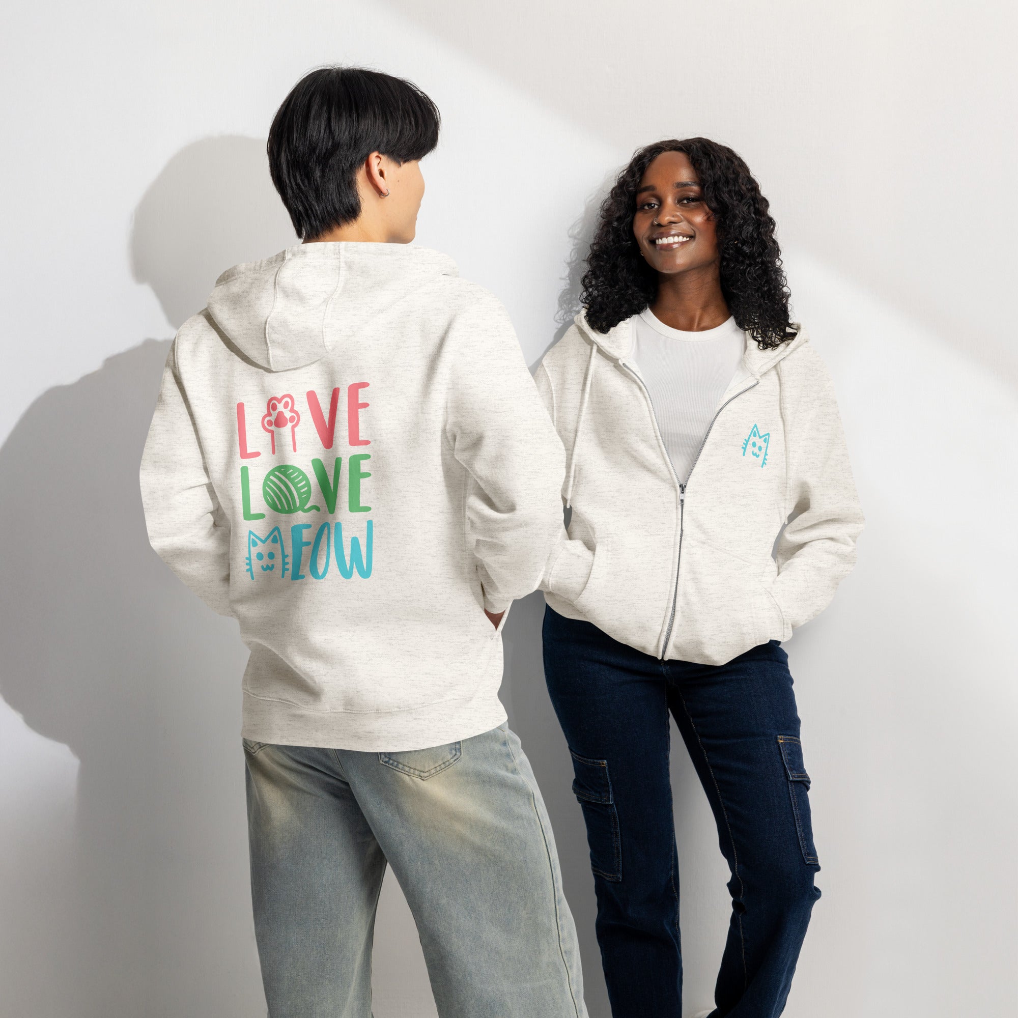 Live love meow cat light beige zip up hoodie sweatshirt for women men cotton recycled polyester